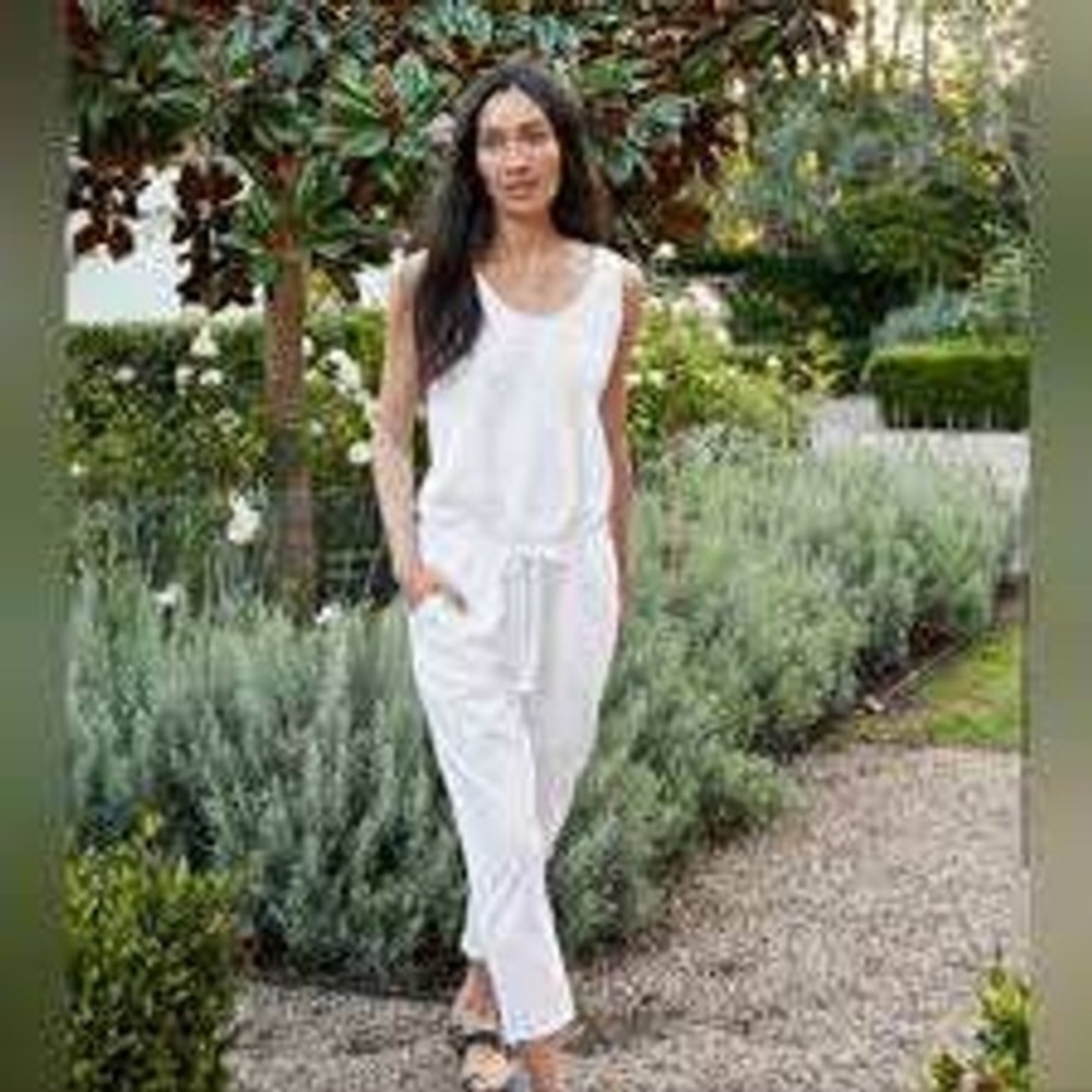 Frank & Eileen White Sleeveless Cotton Knit Jumpsuit XS Drawstring Raw Hem